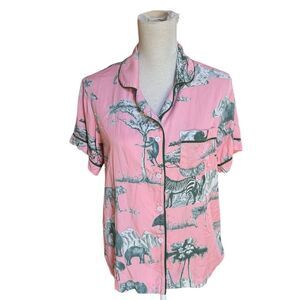 Katie Kime safari Toile Pink short Sleeve pajama button down top S
